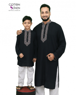 Black and Ash Embroydered Linen Men Panjabi