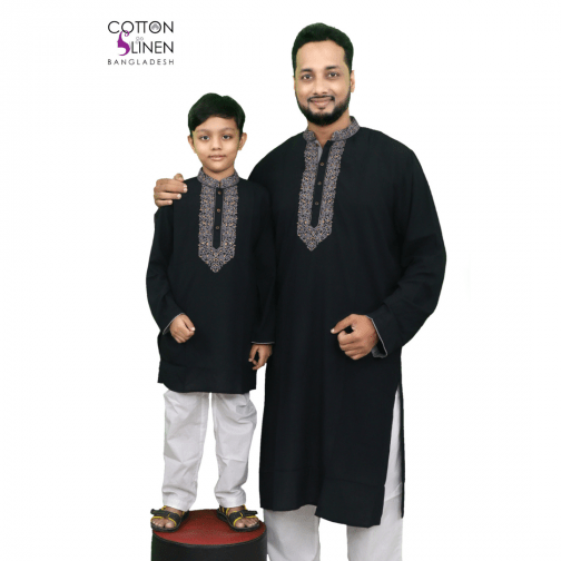 Black and Ash Embroydered Linen Boys Panjabi