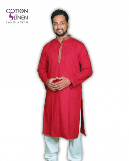 Red and Golden Coffee Embroidered Cotton Slim Fit Men Panjabi