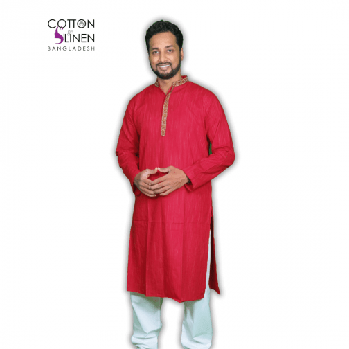 Red and Golden Coffee Embroidered Cotton Slim Fit Men Panjabi