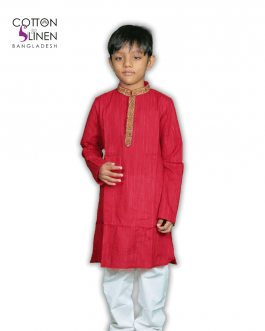 Red and Golden Coffee Embroidered Cotton Slim Fit Kids Panjabi