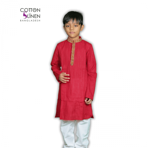 Red and Golden Coffee Embroidered Cotton Slim Fit Kids Panjabi