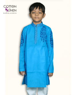 Blue and Blue Cream Embroidered Cotton Slim Fit Kids Panjabi