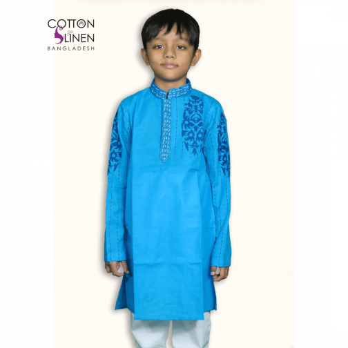 Blue and Blue Cream Embroidered Cotton Slim Fit Boys Panjabi