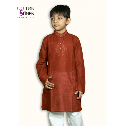 Brick and Light Brick Embroidered Cotton Slim Fit Boys Panjabi