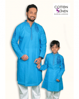 Blue and Blue Cream Embroidered Cotton Slim Fit Men Panjabi