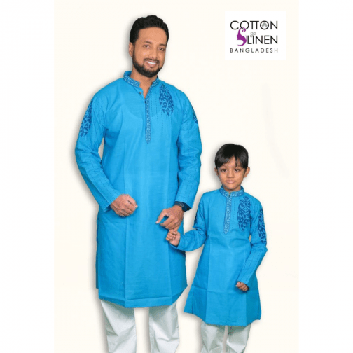 Blue and Blue Cream Embroidered Cotton Slim Fit Men Panjabi