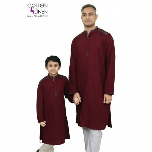 Maroon and Coffee Ash Embroidered Cotton Men Panjabi