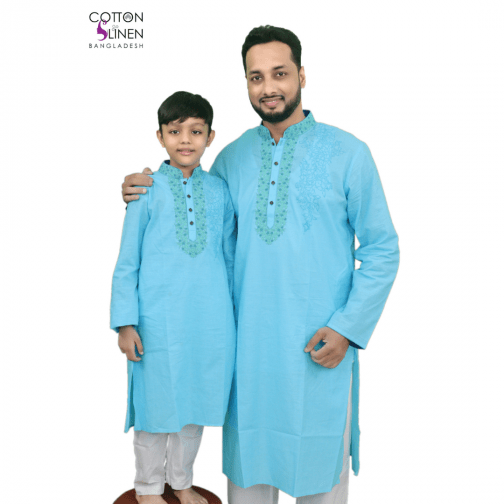 Soft Blue and Green Blue Embroidered Cotton Boys Panjabi