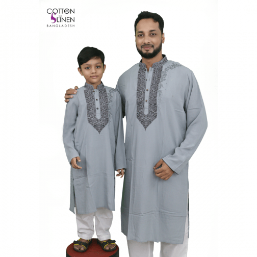 Ash and Ash Coffee Embroydered Linen Kids Panjabi