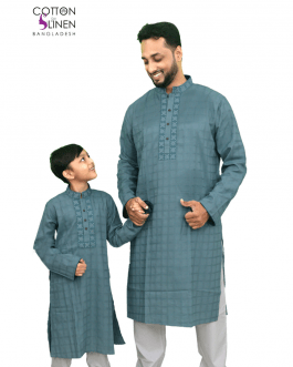 Bluish Ash and Gray Embroydered Cotton Men Panjabi