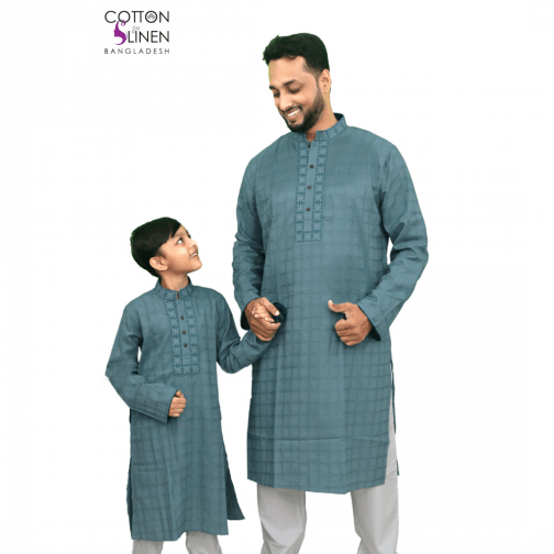 Bluish Ash and Gray Embroydered Cotton Men Panjabi