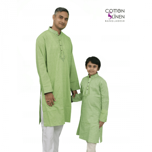 Soft Green and Gray Embroydered Linen Men Panjabi