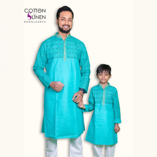 Paste Color and Paste Cream Embroidered Cotton Slim Fit Men Panjabi